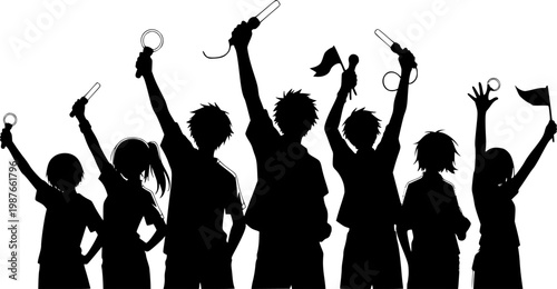 A group of anime-style characters in silhouette, raising their hands with various objects, suggesting a celebration or performance.
