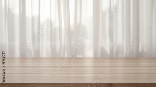Empty wood table top with window curtain abstract blur background for product display