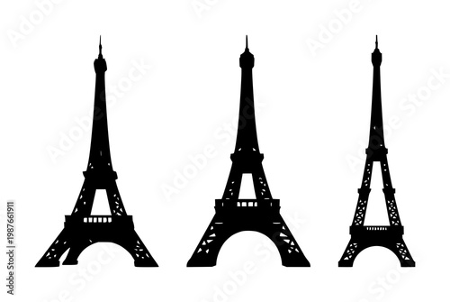 Eiffel Tower icon set with solid black silhouette on white background featuring landmark, architecture, tourism with iconic verticality and historic design