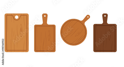 Four wooden cutting boards and a paddle arranged in a flat lay
