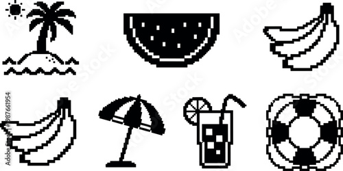 Pixel art tropical island banana watermelon umbrella cocktail and life preserver icons