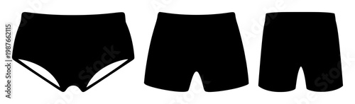 Swimming trunks icon set with solid black silhouette on white background featuring swimwear, icon, illustration with men's and women's