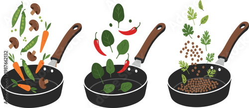 Healthy cooking vector set featuring frying pans with flying vegetables, spinach, chili peppers, lentils, and fresh herbs in a flat minimalist style.