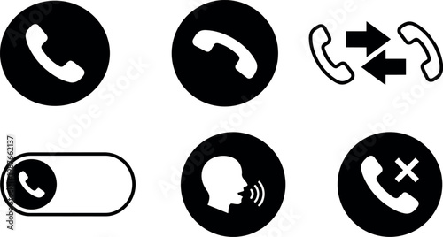 Black and white telephone icons with call, mute, transfer and hang up symbols