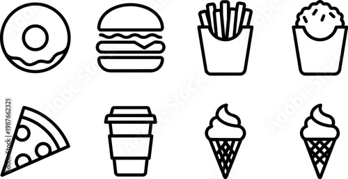 Black and white line art icons of donut burger fries pizza coffee ice cream