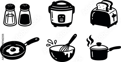 Black and white kitchen appliances frying pan egg toaster salt pepper shakers bowl whisk pot steam vector art