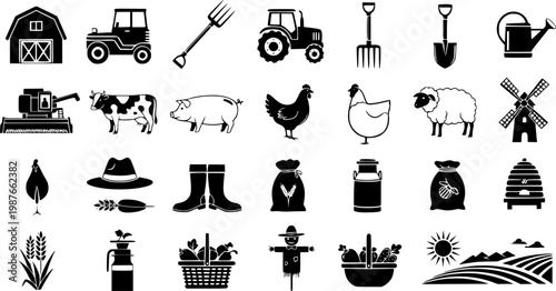 Collection of agricultural icons representing farming, rural life, and rural professions in a stylized black and white design.
