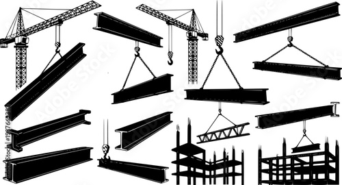 Collection of various steel beams and girders being lifted by cranes and chains, illustrating construction and industrial processes.
