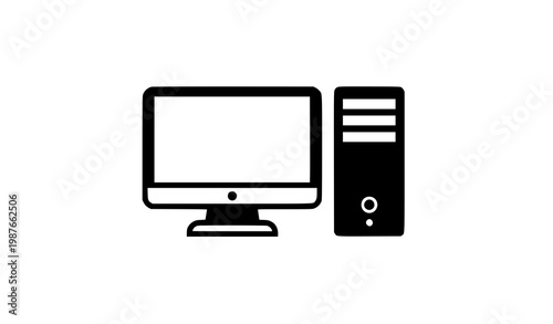 Simple desktop computer icon with monitor and tower vector isolated on white background technology symbol