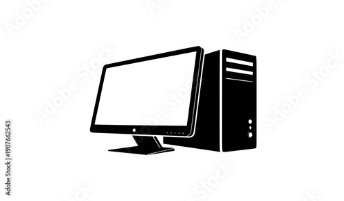 Принти на полотні Minimal desktop PC silhouette icon with angled monitor and tower isolated on whi