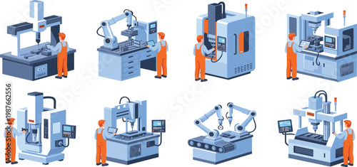 Industrial CNC machine vector set featuring robotic arms, milling machines, lathe equipment, and factory workers in a flat isometric style.