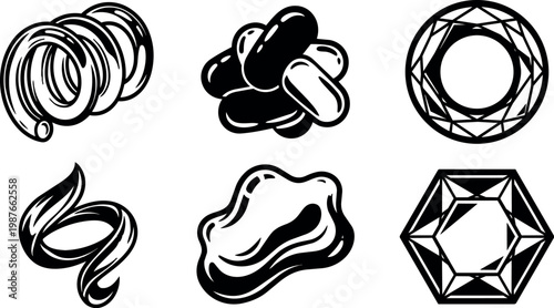 Black and white line art set of gemstones pearls and jewelry elements