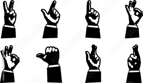 Black and white hand gesture icons with various finger signs in flat design