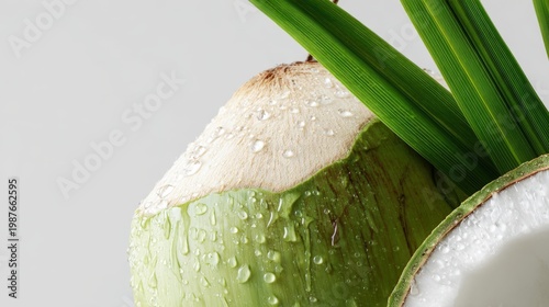 A close-up shot of a white-backed coconut with its green husk visible, set against a bright, clean white background, creating an elegant and refreshing tropical feel
