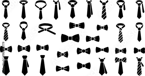 Collection of various neckties and bow ties. 
