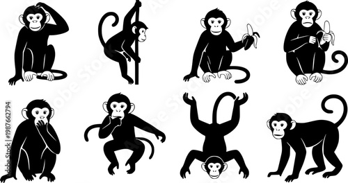 Collection of seven black silhouette monkey icons in various playful poses, isolated on a white background.
