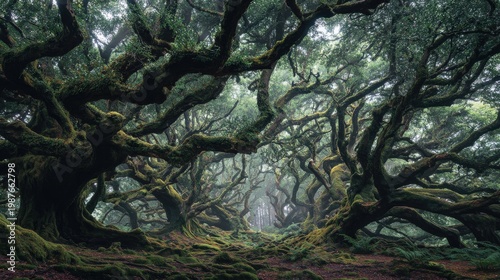A cluster of massive ancient trees with twisted branches reaching upward and sprawling roots spreading wide. The translucent backdrop enhances their mystical aura
