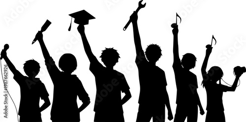 A group of anime-style characters in silhouette, raising their hands with various objects, suggesting a celebration or performance.
