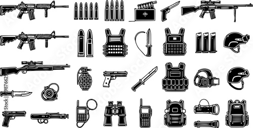 Collection of military and tactical equipment icons, including firearms, ammunition, body armor