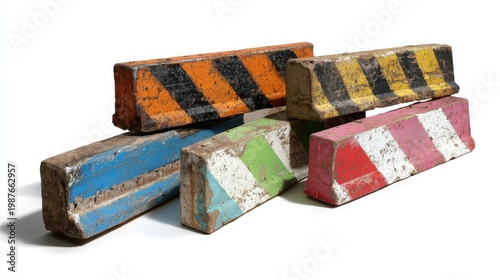A collection of aged construction line pattern barriers, each with faded stripes and chipped paint, placed on a white background for a nostalgic look