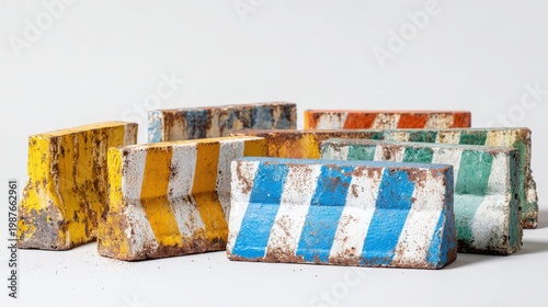 A collection of aged construction line pattern barriers, each with faded stripes and chipped paint, placed on a white background for a nostalgic look