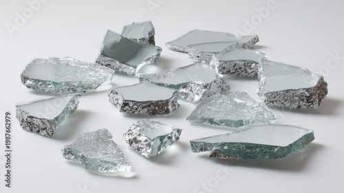 A collection of broken glass fragments in various shapes, placed on a white background, their reflective surfaces catching the light and creating a striking contrast