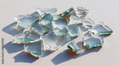 A collection of broken glass shards, scattered in a random arrangement on a smooth white background, each shard glinting as it reflects the surrounding light