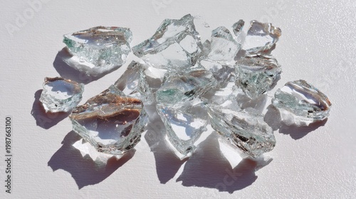 A collection of irregular glass shards, broken and scattered on a white background, each piece gleaming in the light, creating an intriguing visual texture