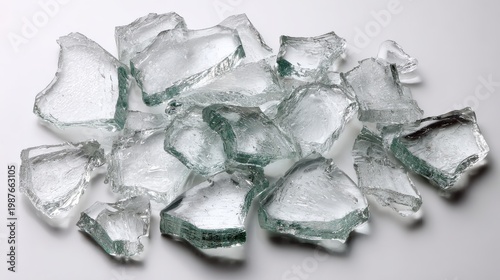 A collection of irregular glass shards, broken and scattered on a white background, each piece gleaming in the light, creating an intriguing visual texture