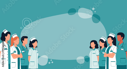 Diverse Group of Professional Nurses Standing Together for International Nurses Day Celebration Banner in Flat Vector Illustration