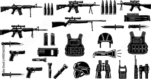 Collection of military and tactical equipment icons, including firearms, ammunition, body armor