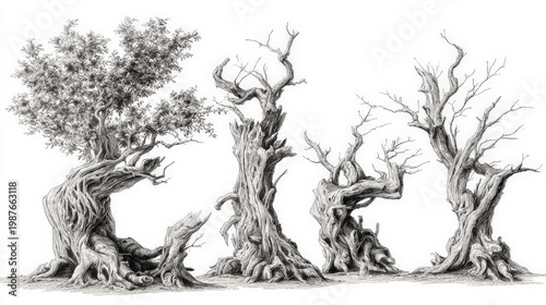 A collection of large, twisted trees with sprawling roots and gnarled branches. The transparent background reveals their timeless magnificence