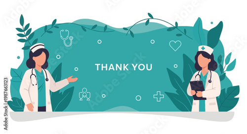 Two Professional Female Nurses Wearing White Lab Coats Saying Thank You for International Nurses Day in Flat Vector Illustration