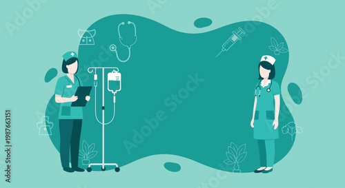 Two Professional Female Nurses Standing Near IV Drip Stand to Celebrate International Nurses Day in Flat Illustration Style