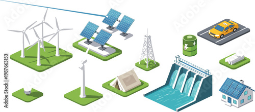 Renewable energy isometric icon set featuring wind turbines, solar panels, hydroelectric dam, power pylon, electric taxi, and sustainable living elements