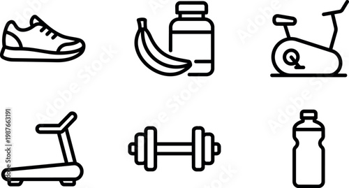 Line art fitness icons with shoe dumbbell bike treadmill supplement banana and water bottle