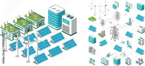 Renewable energy smart grid isometric vector kit featuring wind farm, solar array, sustainable factory, power pylons, and modular infrastructure icons.