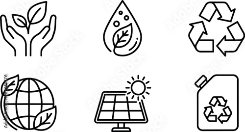 Black and white line art eco friendly environmental and renewable energy icons