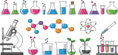 Science laboratory vector set featuring microscope, test tubes, beakers, chemical flasks, molecular structure, and botany experiments in flat minimalist style.