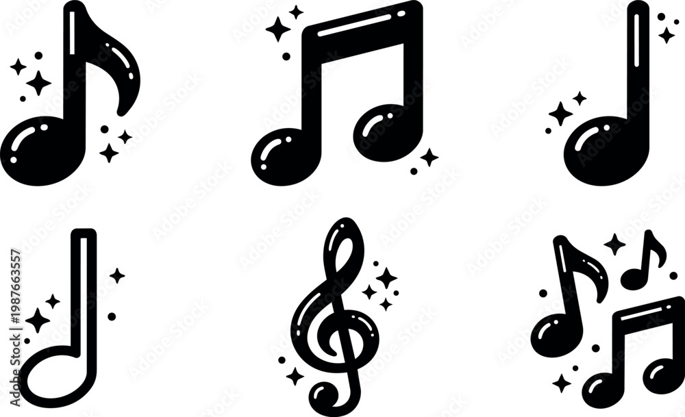 Fototapeta premium Black music notes and treble clef flat design vector icons with sparkles
