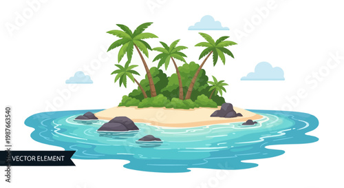 Tropical Island with Palm Trees and Ocean Vector Illustration
