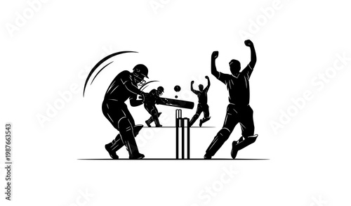 Cricket Batsman and Bowler Action Silhouette Vector with Shot and Wicket Celebration