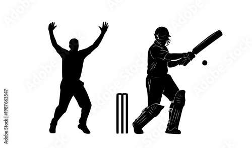 Cricket Batsman Hitting Shot and Bowler Celebration Silhouette Vector on White Background