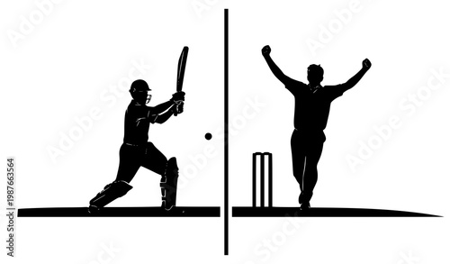 Cricket Action Silhouette Split Design with Batsman Shot and Bowler Wicket Celebration Vector