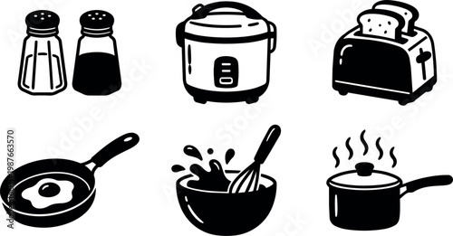 Black and white cooking utensils salt pepper rice cooker and toaster set vector art