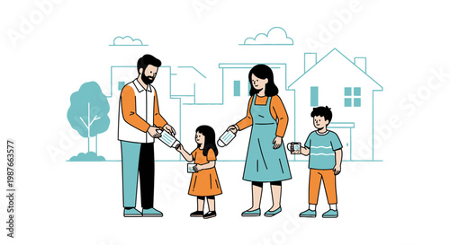 Family Preparing to Go Out with Face Masks Vector Illustration
