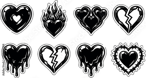 Black and white melting broken flaming and thorny hearts set vector art