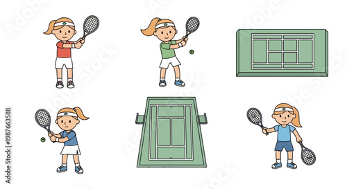 Tennis Girl Athlete and Court Vector Illustration Set