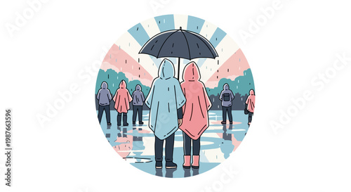 Couple in Raincoats under Umbrella Rainy Day Vector Illustration
