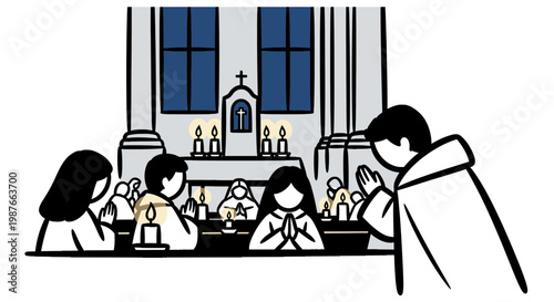 People Praying in Church Candlelight Service Vector Illustration